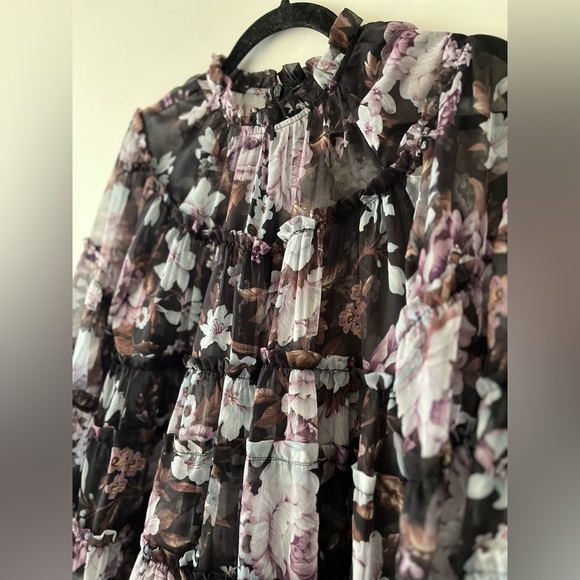 Beulah Style Sheer Floral Purple Tiered Ruffled Trim Long Dress (Sz Large) - Picture 11 of 14